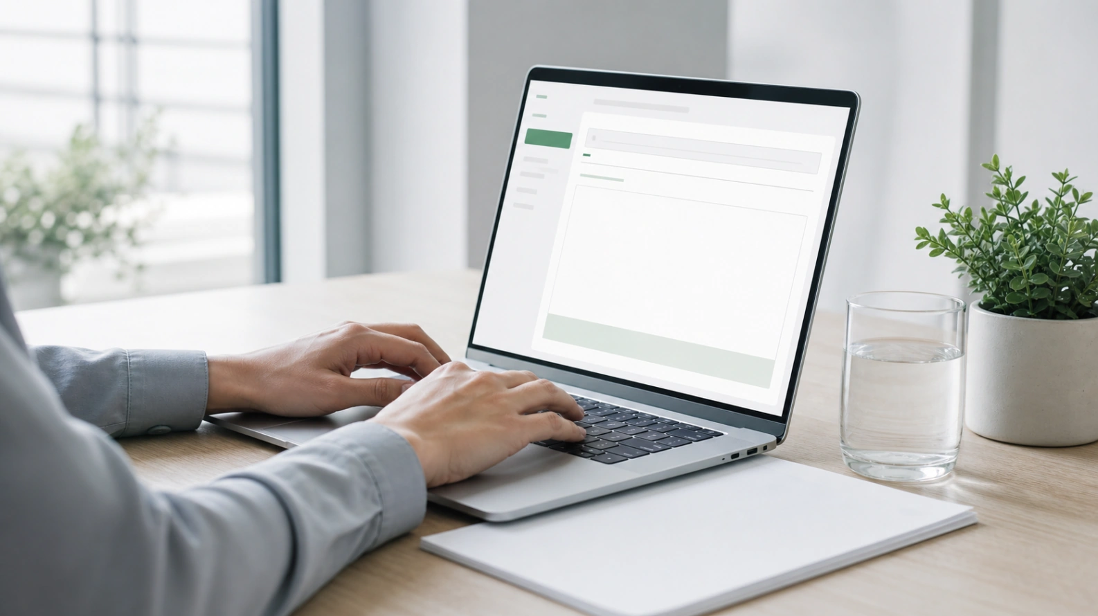 A laptop open to an email compose window on a warm wooden desk in soft morning light, a mug of coffee and a notepad beside it, calm and unhurried