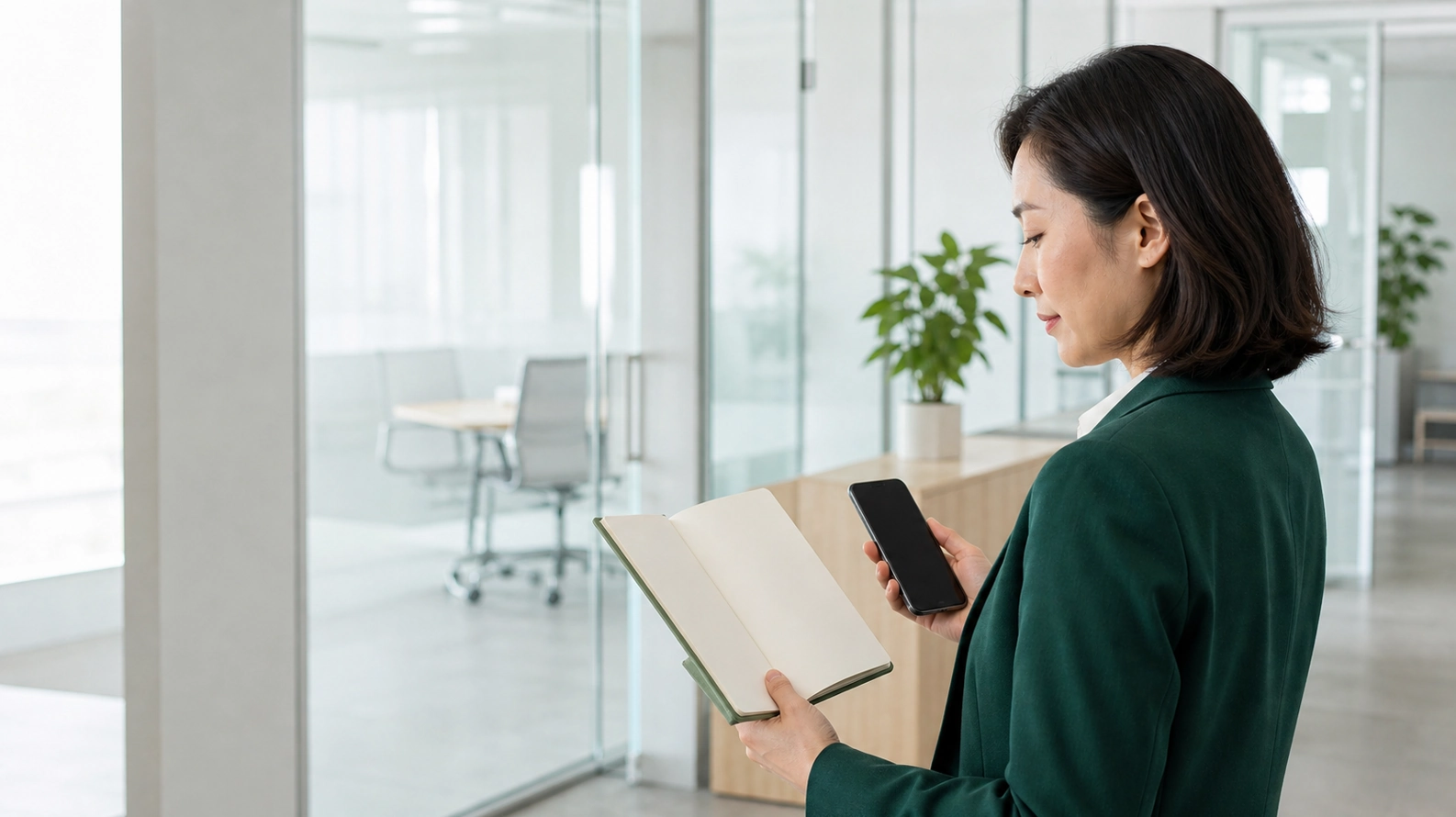 A confident professional in a modern office hallway glancing at a notebook with a compensation figure, calm and composed after a conversation about a new role