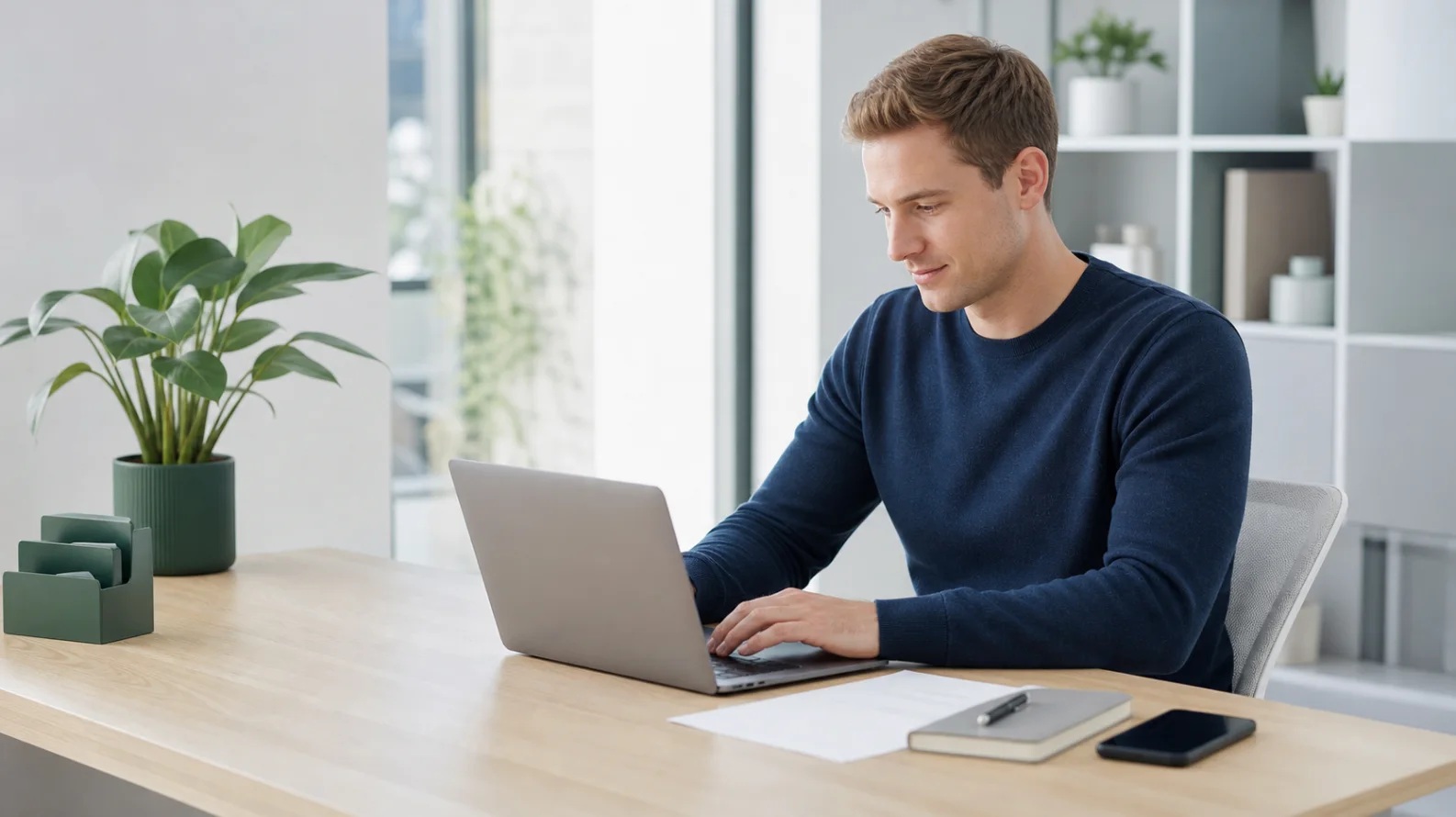 A person at a desk in warm morning light reading a job-offer email on a laptop next to a coffee mug, calm and considering their options rather than anxious