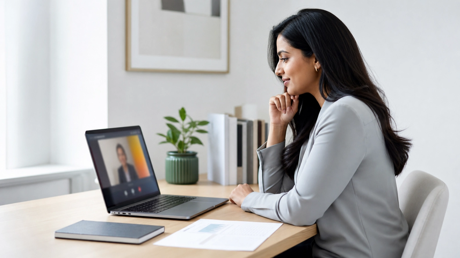 A person in a composed video interview at a tidy home desk in warm afternoon light, laptop open and a small sticky note with a number beside it, sitting upright and calm